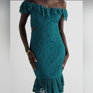 Express Teal Off-Shoulder Lace Dress